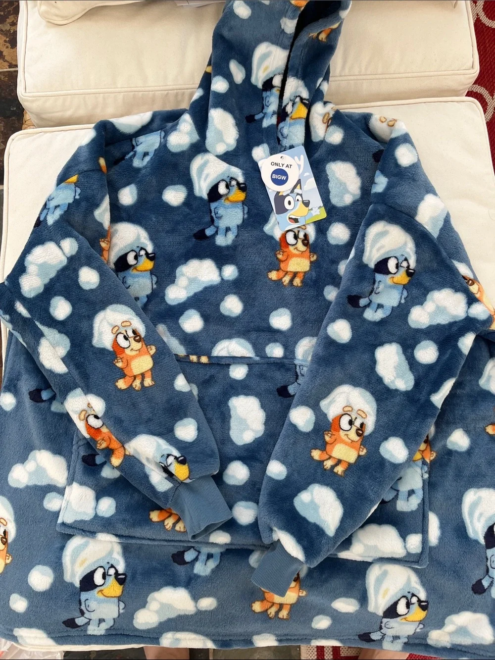 Kids Navy Plush Hoodie Pajama Top with Cloud & Character Print